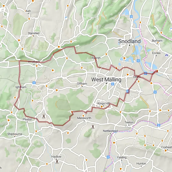 Map miniature of "Discover Aylesford and Beyond" cycling inspiration in Kent, United Kingdom. Generated by Tarmacs.app cycling route planner