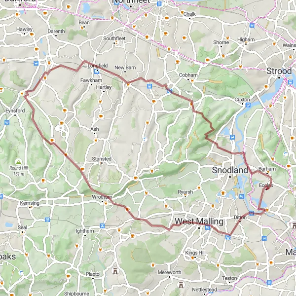 Map miniature of "The Aylesford Loop Gravel Adventure" cycling inspiration in Kent, United Kingdom. Generated by Tarmacs.app cycling route planner