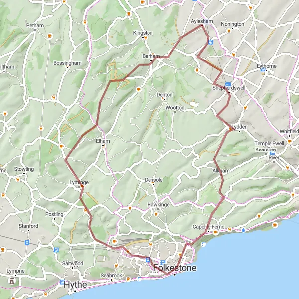 Map miniature of "Scenic Gravel Adventure" cycling inspiration in Kent, United Kingdom. Generated by Tarmacs.app cycling route planner