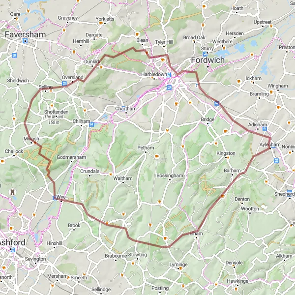 Map miniature of "Elham Valley Adventure" cycling inspiration in Kent, United Kingdom. Generated by Tarmacs.app cycling route planner