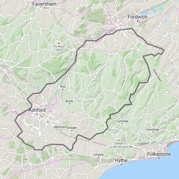 Map miniature of "Canterbury and Beyond" cycling inspiration in Kent, United Kingdom. Generated by Tarmacs.app cycling route planner