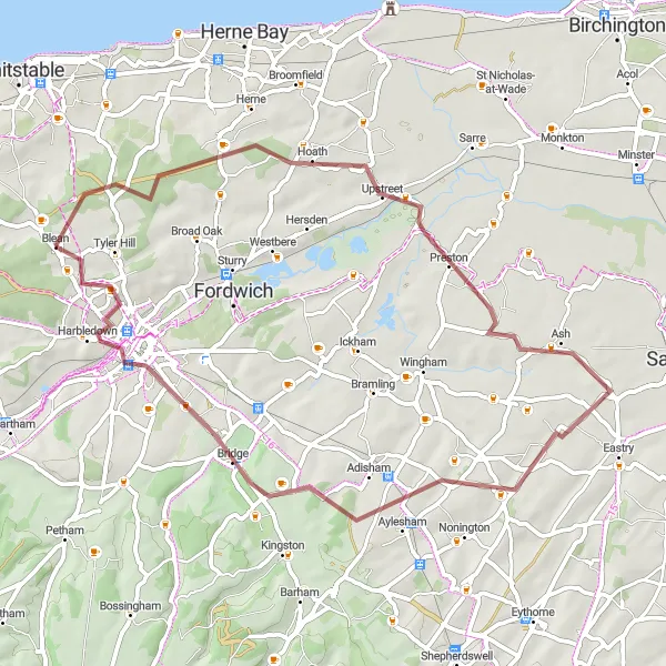 Map miniature of "The Gravel Pathway" cycling inspiration in Kent, United Kingdom. Generated by Tarmacs.app cycling route planner