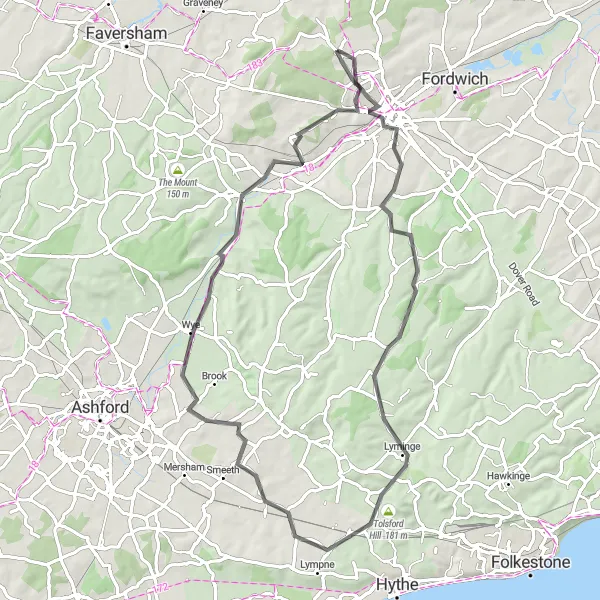 Map miniature of "Canterbury Circular" cycling inspiration in Kent, United Kingdom. Generated by Tarmacs.app cycling route planner