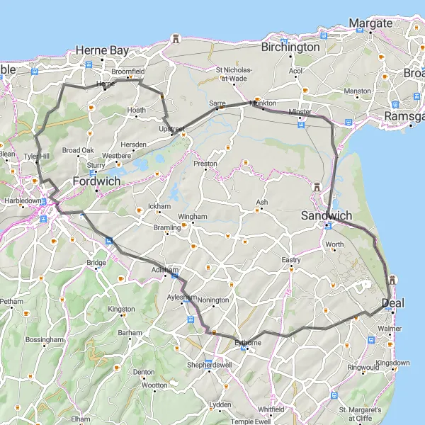 Map miniature of "Coastal Adventure" cycling inspiration in Kent, United Kingdom. Generated by Tarmacs.app cycling route planner