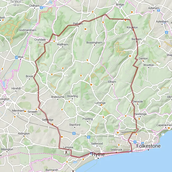 Map miniature of "Barham to Sellindge Gravel Route" cycling inspiration in Kent, United Kingdom. Generated by Tarmacs.app cycling route planner