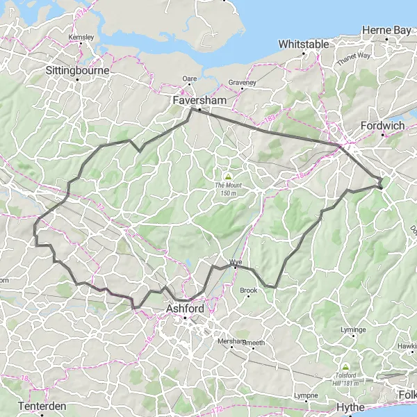 Map miniature of "Hastingleigh to Faversham Road Route" cycling inspiration in Kent, United Kingdom. Generated by Tarmacs.app cycling route planner