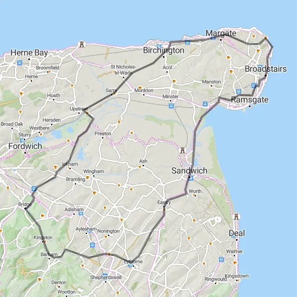 Map miniature of "The Coastal Explorer" cycling inspiration in Kent, United Kingdom. Generated by Tarmacs.app cycling route planner