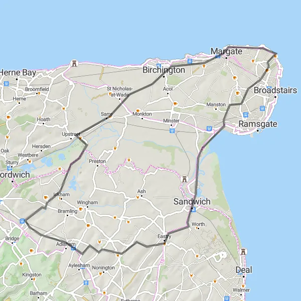 Map miniature of "The Coastal Excursion" cycling inspiration in Kent, United Kingdom. Generated by Tarmacs.app cycling route planner