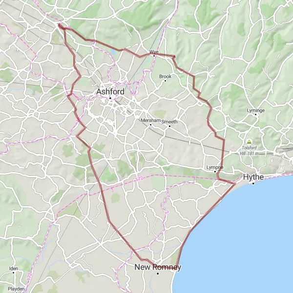 Map miniature of "Kent Gravel Challenge" cycling inspiration in Kent, United Kingdom. Generated by Tarmacs.app cycling route planner
