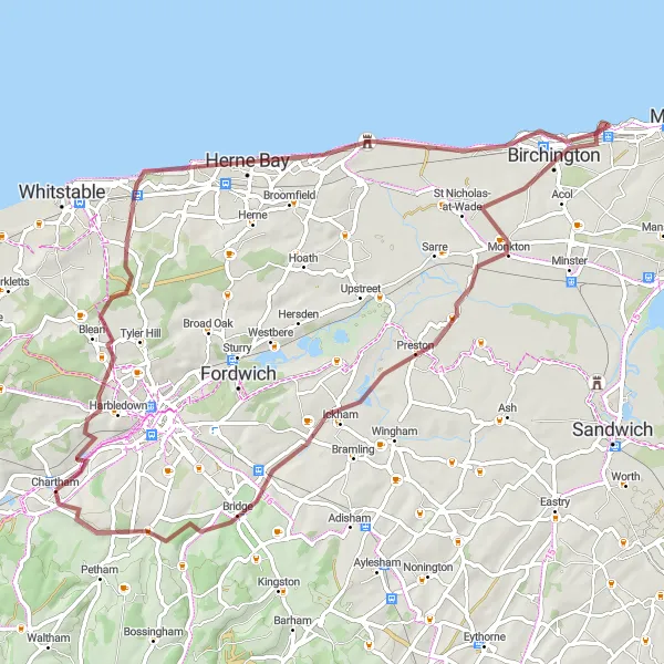 Map miniature of "Chartham to Nackington Gravel Adventure" cycling inspiration in Kent, United Kingdom. Generated by Tarmacs.app cycling route planner