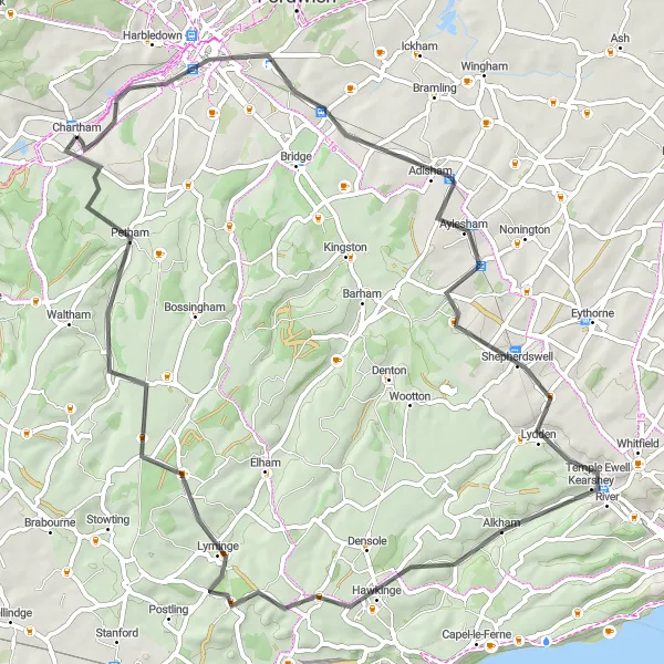 Map miniature of "Canterbury Loop" cycling inspiration in Kent, United Kingdom. Generated by Tarmacs.app cycling route planner