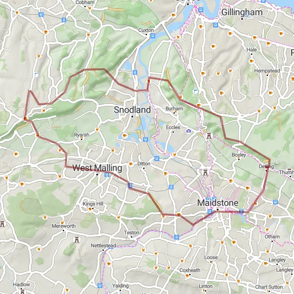 Map miniature of "West Malling Gravel Loop" cycling inspiration in Kent, United Kingdom. Generated by Tarmacs.app cycling route planner