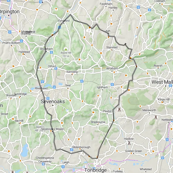 Map miniature of "Hodsoll Street Loop" cycling inspiration in Kent, United Kingdom. Generated by Tarmacs.app cycling route planner