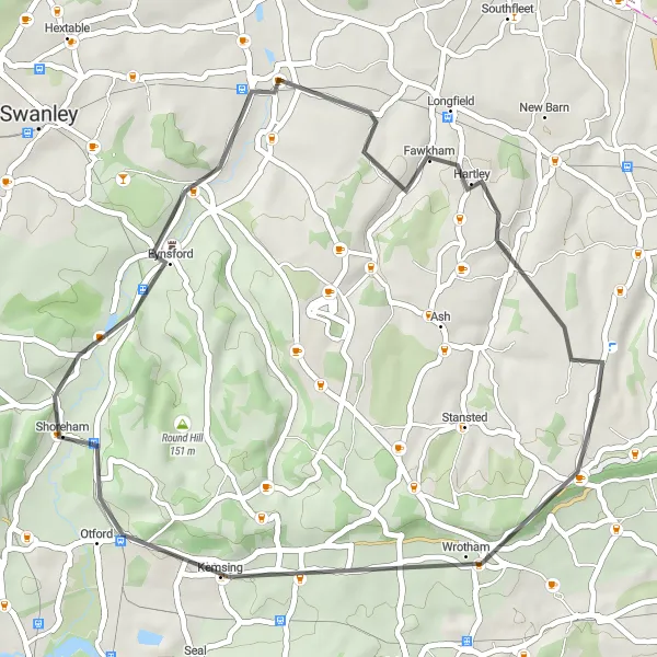 Map miniature of "The Kent Yoyo" cycling inspiration in Kent, United Kingdom. Generated by Tarmacs.app cycling route planner