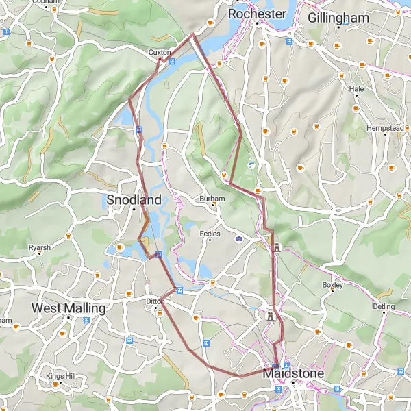 Map miniature of "Scenic Gravel Loop" cycling inspiration in Kent, United Kingdom. Generated by Tarmacs.app cycling route planner