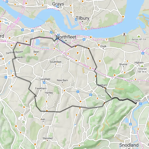 Map miniature of "Mill Hill and Cobham Loop" cycling inspiration in Kent, United Kingdom. Generated by Tarmacs.app cycling route planner