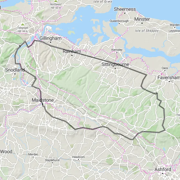 Map miniature of "The Kentish Road Explorer" cycling inspiration in Kent, United Kingdom. Generated by Tarmacs.app cycling route planner