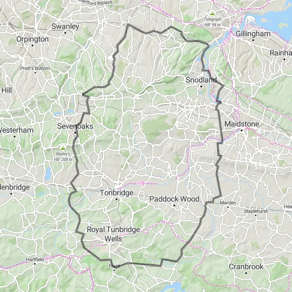 Map miniature of "Kent Hills Challenge" cycling inspiration in Kent, United Kingdom. Generated by Tarmacs.app cycling route planner