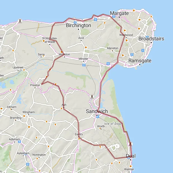 Map miniature of "Exploring the Coastal Gems" cycling inspiration in Kent, United Kingdom. Generated by Tarmacs.app cycling route planner