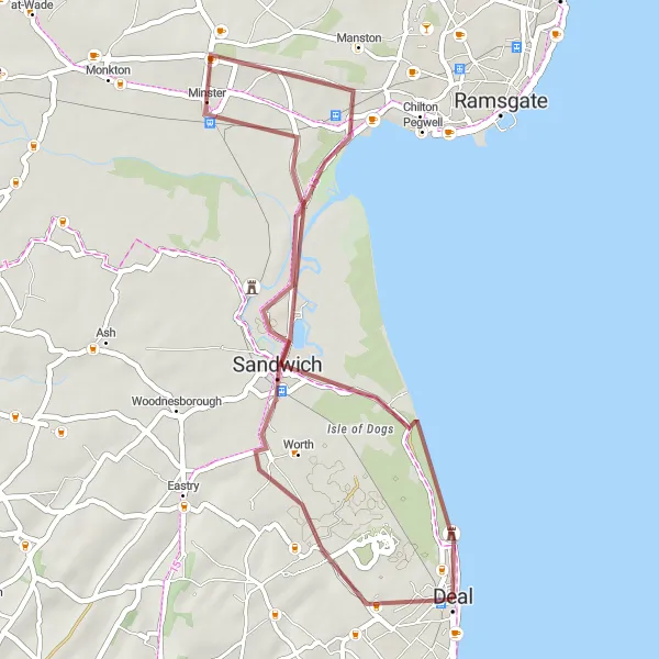 Map miniature of "The Coastal Gravel Adventure" cycling inspiration in Kent, United Kingdom. Generated by Tarmacs.app cycling route planner