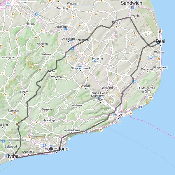 Map miniature of "Hythe and WomenSwold Road Tour" cycling inspiration in Kent, United Kingdom. Generated by Tarmacs.app cycling route planner