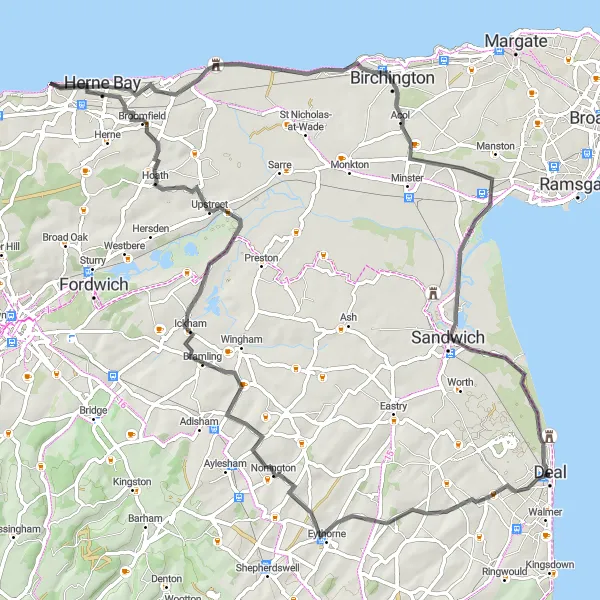 Map miniature of "Kent Coastal Road Challenge" cycling inspiration in Kent, United Kingdom. Generated by Tarmacs.app cycling route planner