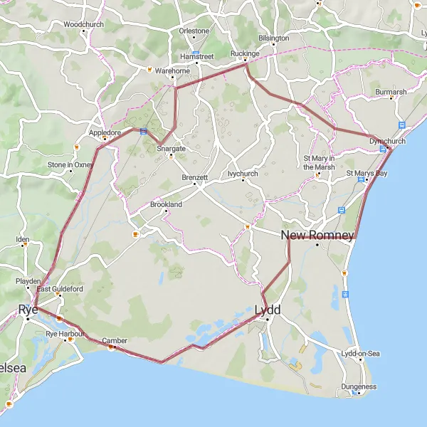 Map miniature of "The Romney Marsh Explorer" cycling inspiration in Kent, United Kingdom. Generated by Tarmacs.app cycling route planner