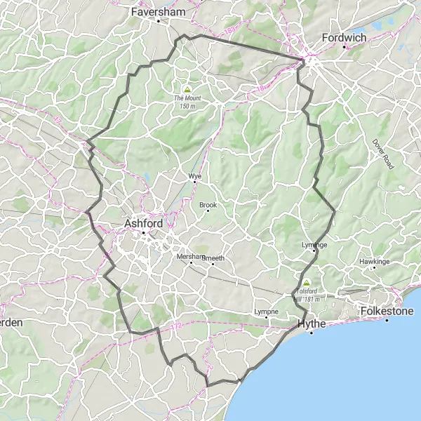 Map miniature of "The Canterbury Loop" cycling inspiration in Kent, United Kingdom. Generated by Tarmacs.app cycling route planner