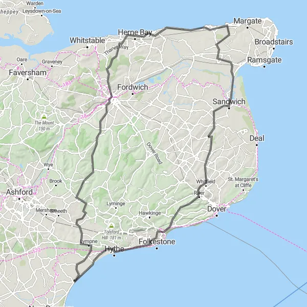 Map miniature of "The Historic Kent Odyssey" cycling inspiration in Kent, United Kingdom. Generated by Tarmacs.app cycling route planner
