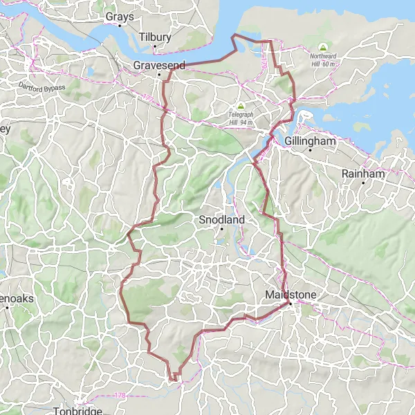 Map miniature of "Peckham's Scenic Escape" cycling inspiration in Kent, United Kingdom. Generated by Tarmacs.app cycling route planner