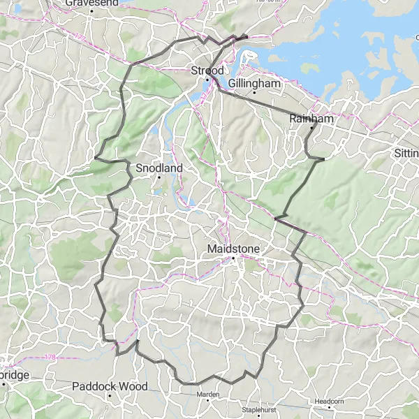 Map miniature of "East Peckham to Ryarsh" cycling inspiration in Kent, United Kingdom. Generated by Tarmacs.app cycling route planner