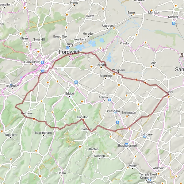 Map miniature of "Between Eastry and Barham" cycling inspiration in Kent, United Kingdom. Generated by Tarmacs.app cycling route planner