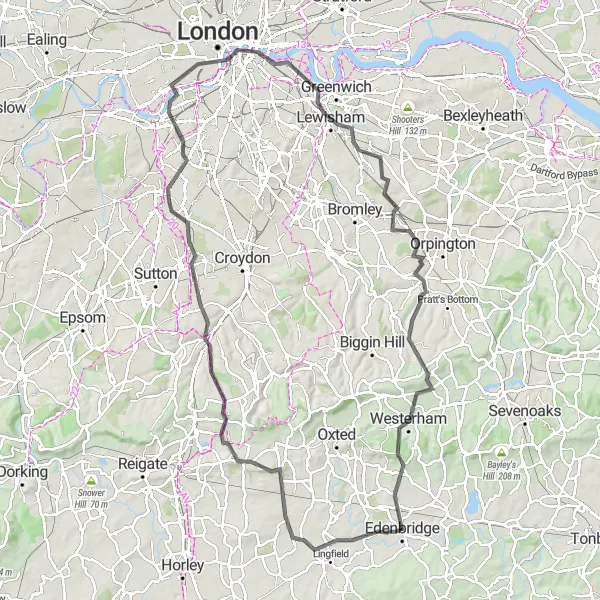 Map miniature of "London Landmarks Ride" cycling inspiration in Kent, United Kingdom. Generated by Tarmacs.app cycling route planner