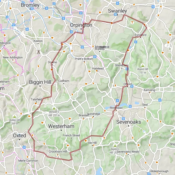 Map miniature of "Eynsford Gravel Loop" cycling inspiration in Kent, United Kingdom. Generated by Tarmacs.app cycling route planner