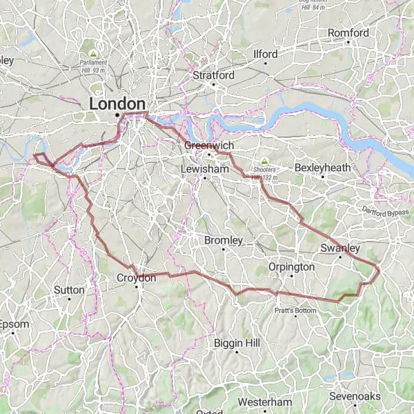 Map miniature of "Eynsford Gravel Adventure" cycling inspiration in Kent, United Kingdom. Generated by Tarmacs.app cycling route planner