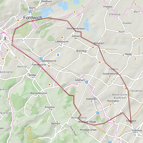 Map miniature of "Patrixbourne Loop" cycling inspiration in Kent, United Kingdom. Generated by Tarmacs.app cycling route planner