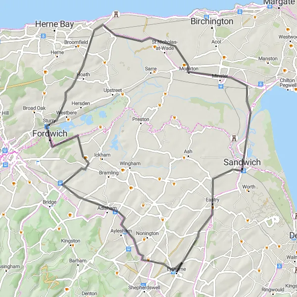 Map miniature of "Aylesham Explorer" cycling inspiration in Kent, United Kingdom. Generated by Tarmacs.app cycling route planner
