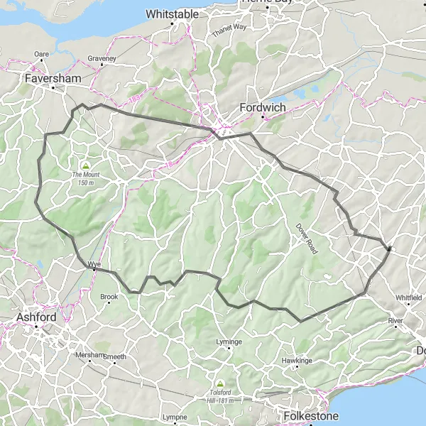Map miniature of "Elham to Canterbury" cycling inspiration in Kent, United Kingdom. Generated by Tarmacs.app cycling route planner