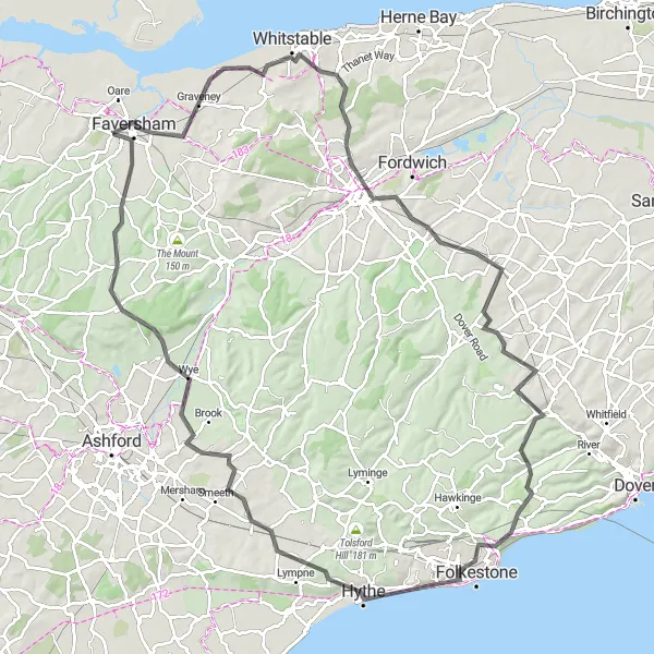 Map miniature of "Canterbury Hills Challenge" cycling inspiration in Kent, United Kingdom. Generated by Tarmacs.app cycling route planner