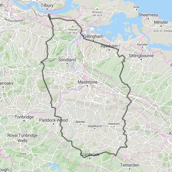 Map miniature of "Gravesend-Fairbourne Reservoir Loop" cycling inspiration in Kent, United Kingdom. Generated by Tarmacs.app cycling route planner