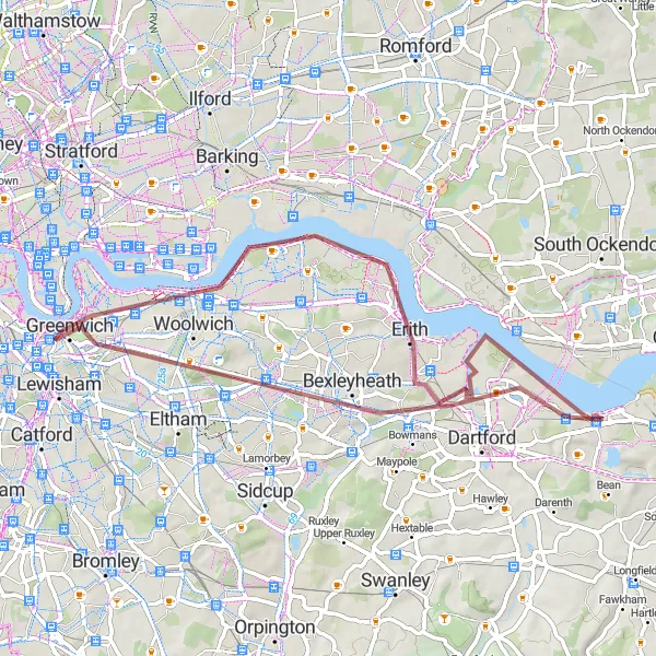 Map miniature of "Scenic Gravel Tour" cycling inspiration in Kent, United Kingdom. Generated by Tarmacs.app cycling route planner