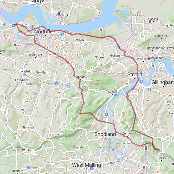 Map miniature of "Kent Gravel Loop" cycling inspiration in Kent, United Kingdom. Generated by Tarmacs.app cycling route planner