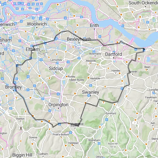 Map miniature of "The Farningham Loop" cycling inspiration in Kent, United Kingdom. Generated by Tarmacs.app cycling route planner