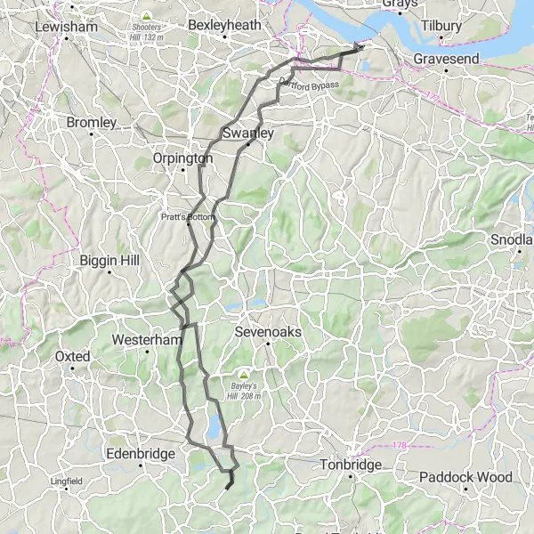 Map miniature of "The Kent Challenge" cycling inspiration in Kent, United Kingdom. Generated by Tarmacs.app cycling route planner