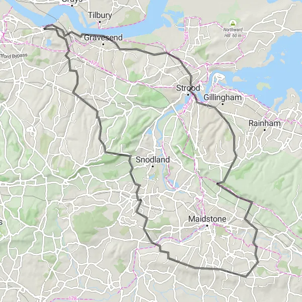 Map miniature of "Kent Road Adventure" cycling inspiration in Kent, United Kingdom. Generated by Tarmacs.app cycling route planner