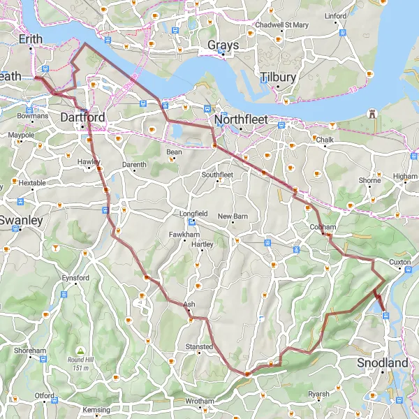 Map miniature of "Halling Ring Gravel Route" cycling inspiration in Kent, United Kingdom. Generated by Tarmacs.app cycling route planner