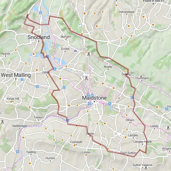 Map miniature of "Rural Charm Gravel Ride" cycling inspiration in Kent, United Kingdom. Generated by Tarmacs.app cycling route planner