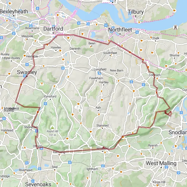 Map miniature of "Wrotham and Dartford Gravel Loop" cycling inspiration in Kent, United Kingdom. Generated by Tarmacs.app cycling route planner