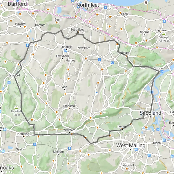 Map miniature of "Ryarsh to Southfleet Road Cycling Route" cycling inspiration in Kent, United Kingdom. Generated by Tarmacs.app cycling route planner