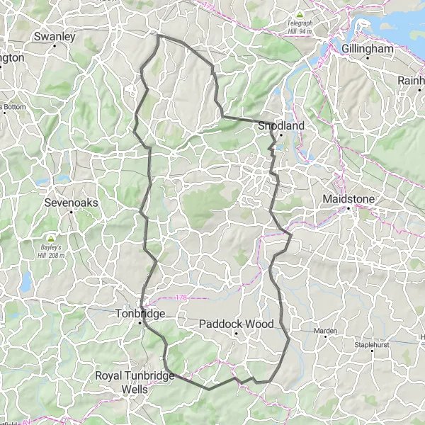 Map miniature of "Kent Countryside Road Blitz" cycling inspiration in Kent, United Kingdom. Generated by Tarmacs.app cycling route planner